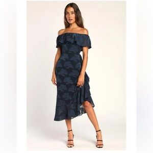 Lulus Pretty Perfect Navy Floral Burnout Off-The-Shoulder Midi Dress Medium New